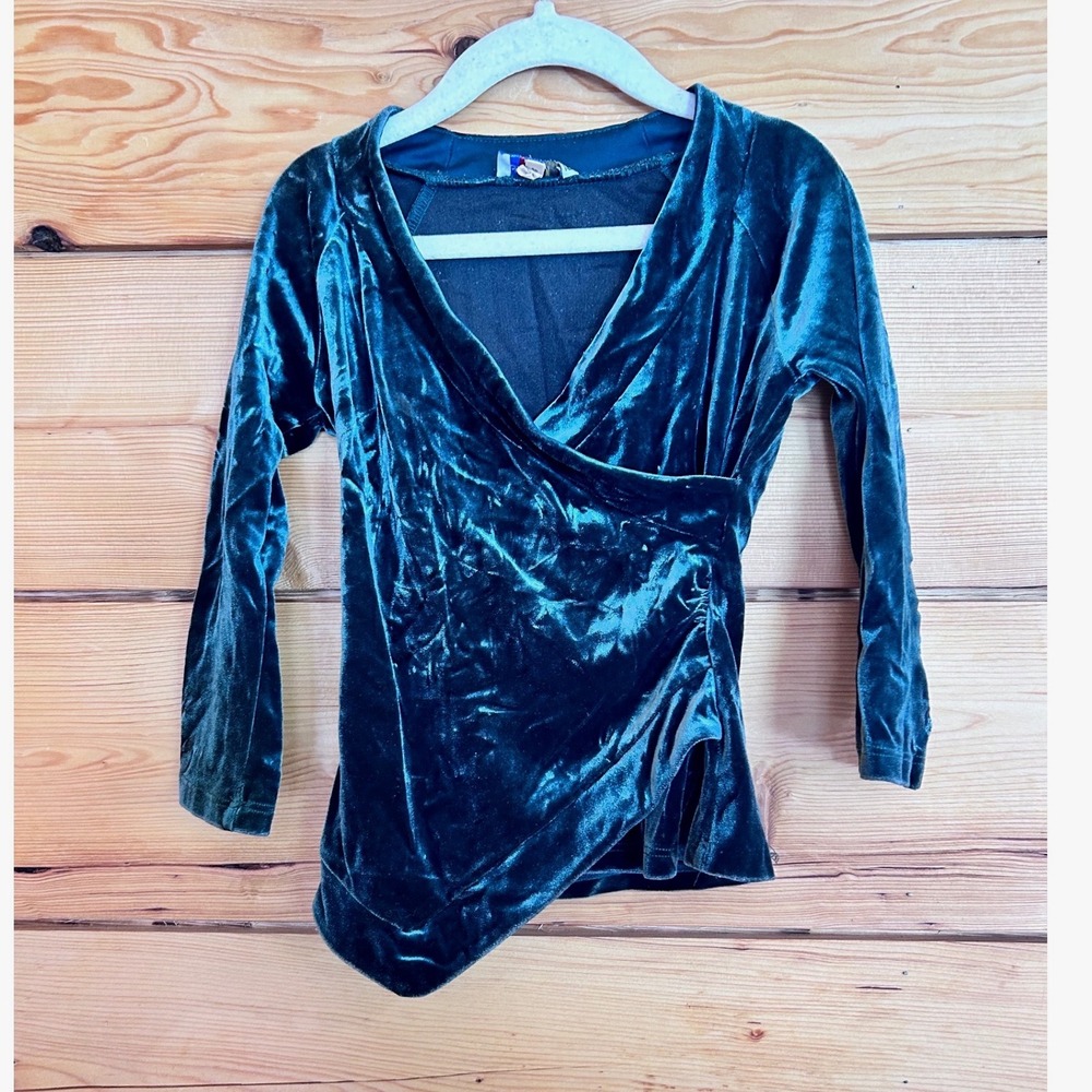 Vintage Velvet Wrap Top Girls Small Teal Green Asymmetrical Ruched‎ Le Chateau